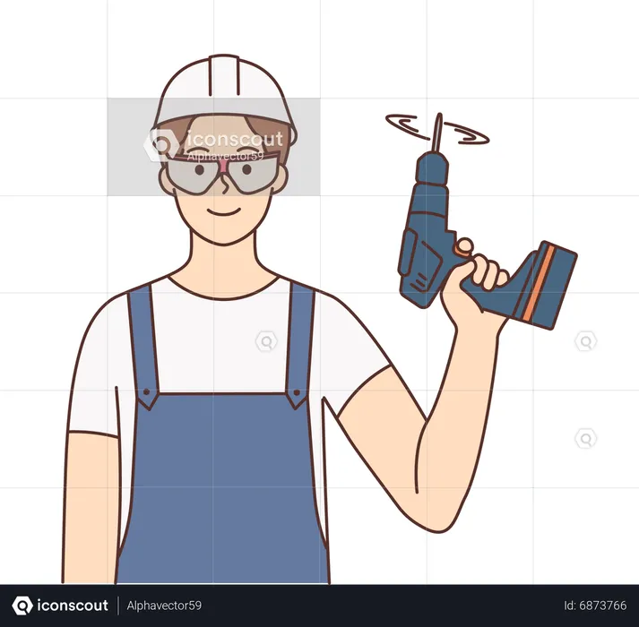 Trabajador de la construcción con máquina perforadora  Ilustración