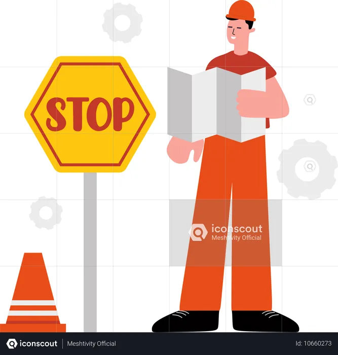 Trabajador de la construcción trabaja en la seguridad vial  Ilustración