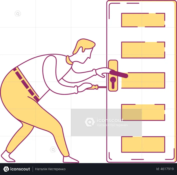 Trabajador de mantenimiento arreglando la cerradura de la puerta  Ilustración