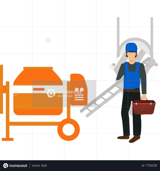 Trabajador se encuentra con caja de herramientas  Ilustración