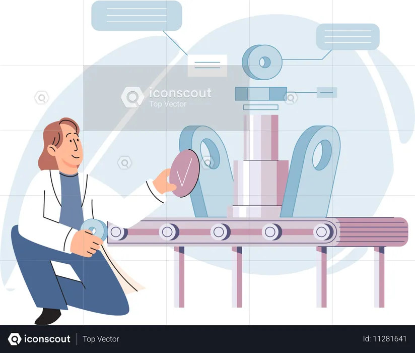 Trabajador de la unidad de fabricación que trabaja con maquinaria robótica  Ilustración