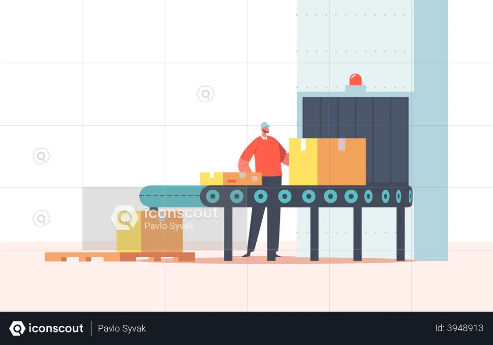 Trabajador empacando carga en cinta transportadora  Illustration