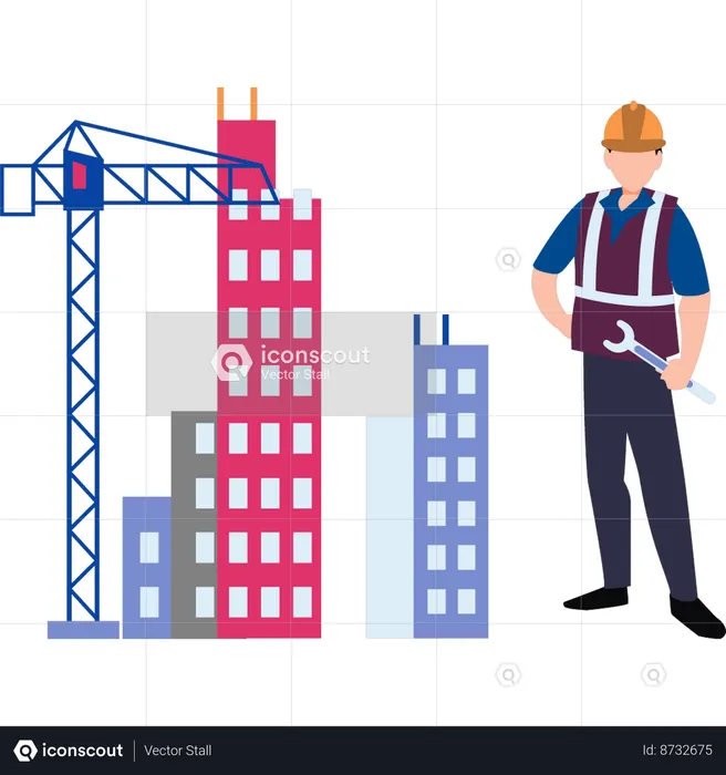 El trabajador está parado en el sitio de construcción  Ilustración