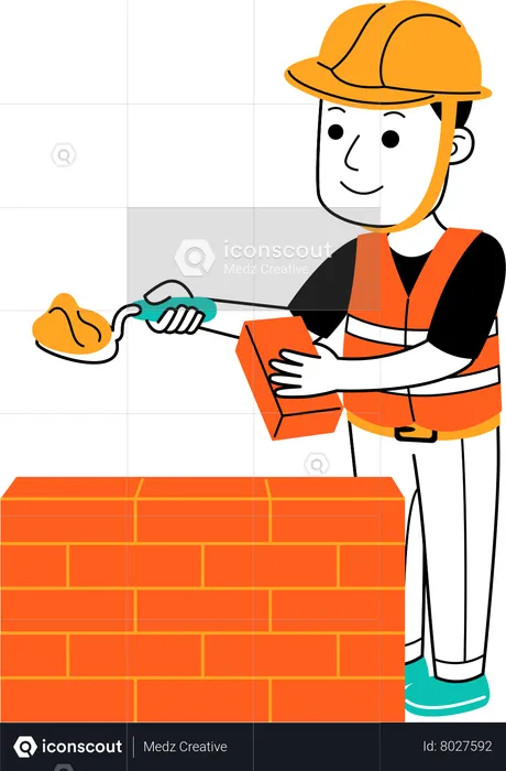 Trabajador masculino haciendo pared de ladrillos  Ilustración