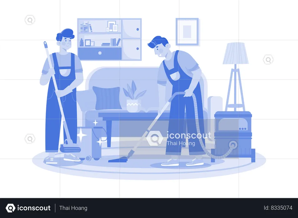 Trabajador masculino haciendo aspiradora limpiando el piso limpio en la sala de estar  Ilustración