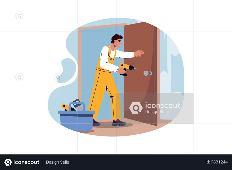 Trabajador haciendo montaje de puertas  Ilustración