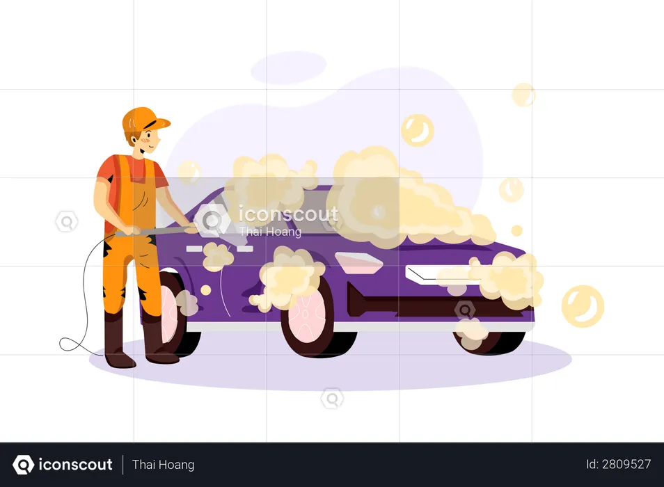 Trabajador limpiando el coche con aire pulverizado.  Ilustración