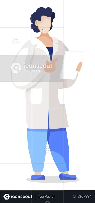 Trabajador médico sosteniendo papel con diagnóstico de paciente o resultados de investigación.  Ilustración