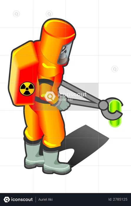 Trabajador nuclear sosteniendo objeto radiactivo con pinzas para fuego  Ilustración