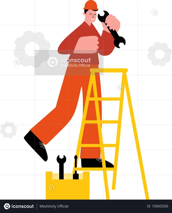 Trabajador que utiliza herramientas mecánicas en una escalera  Ilustración