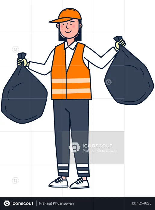 Trabajadora con bolsa de basura  Ilustración