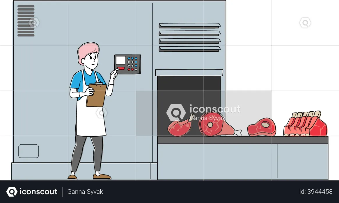 Trabajadora de fábrica de carne Pulsador para control de cinta transportadora con producción de carne vacuna  Ilustración