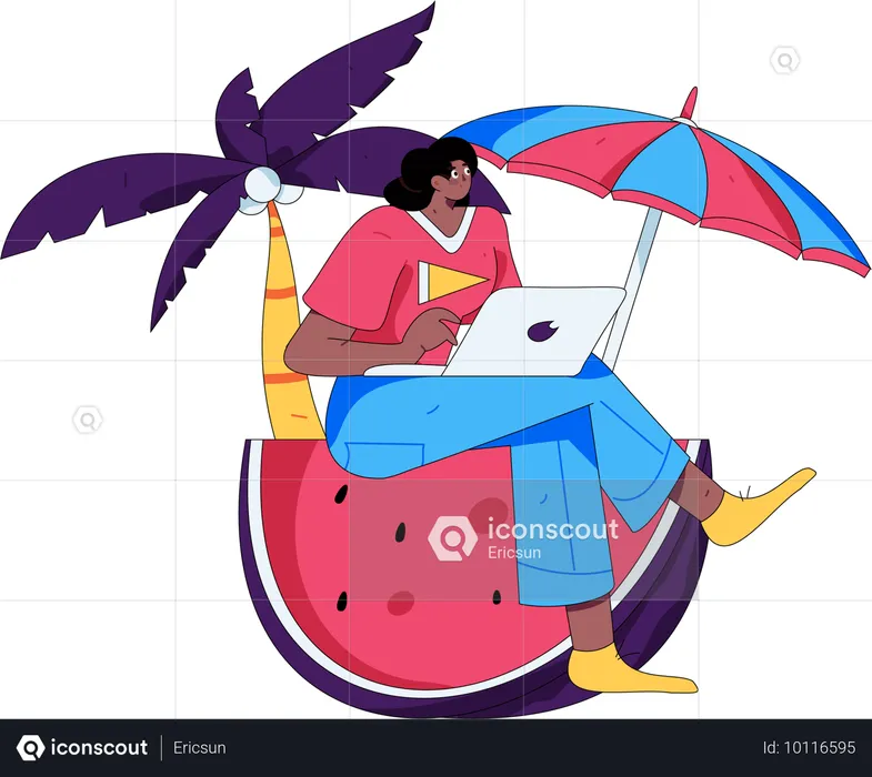 Mujer independiente trabajando de vacaciones  Ilustración