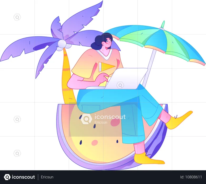 Mujer independiente trabajando de vacaciones  Ilustración