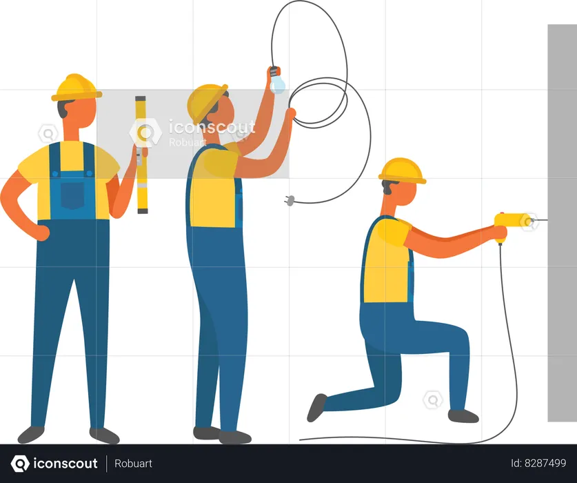 Trabajadores con herramientas de construcción  Ilustración