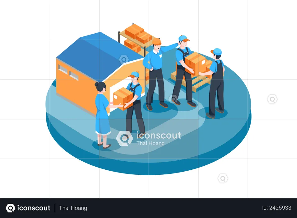 Trabajadores del almacén arreglando cajas  Ilustración