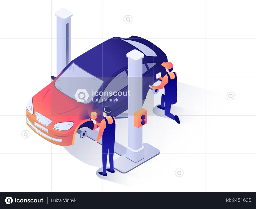 Trabajadores del centro de servicio de automóviles pintando automóviles  Ilustración