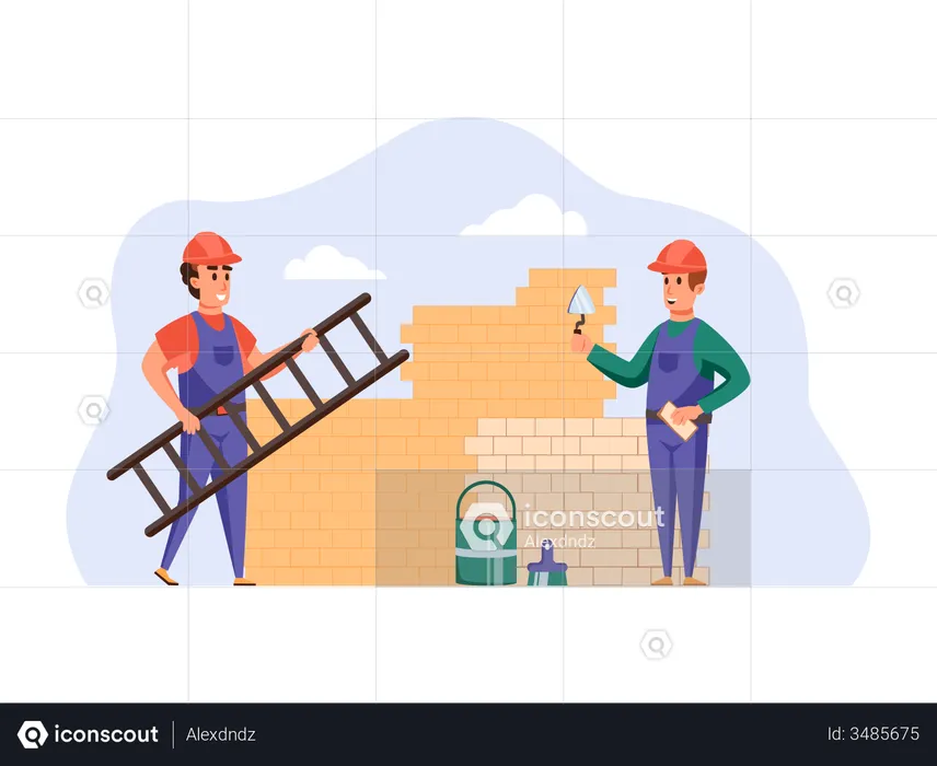 Trabajadores de la construcción construyendo un muro  Ilustración