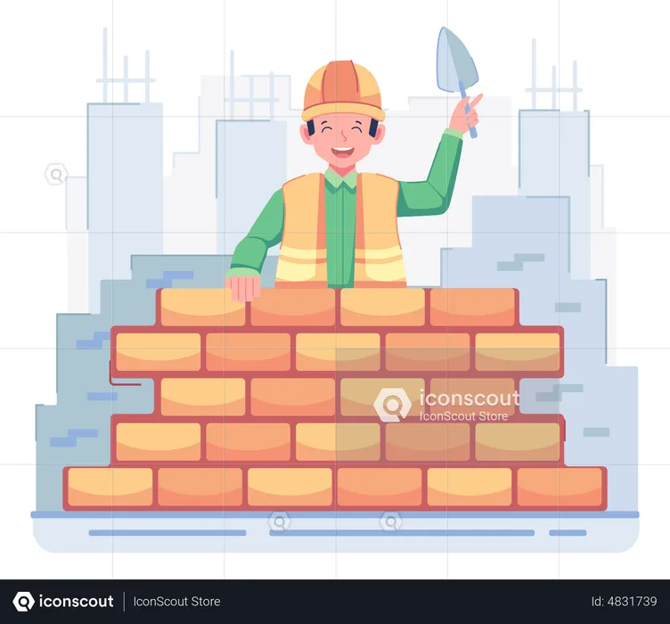 Trabajadores de la construcción construyendo un muro  Ilustración