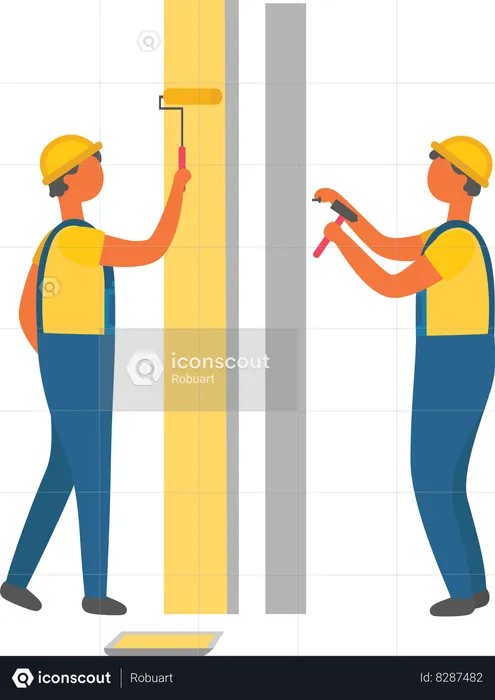 Trabajadores de la construcción pintando y perforando paredes  Ilustración