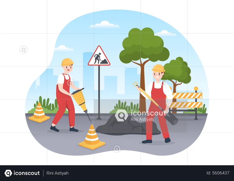 Trabajadores de mantenimiento de carreteras trabajando en carreteras asfaltadas con perforadora  Ilustración