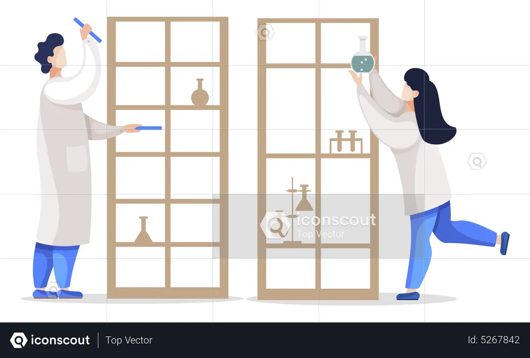 Trabajadores de química en laboratorio  Ilustración
