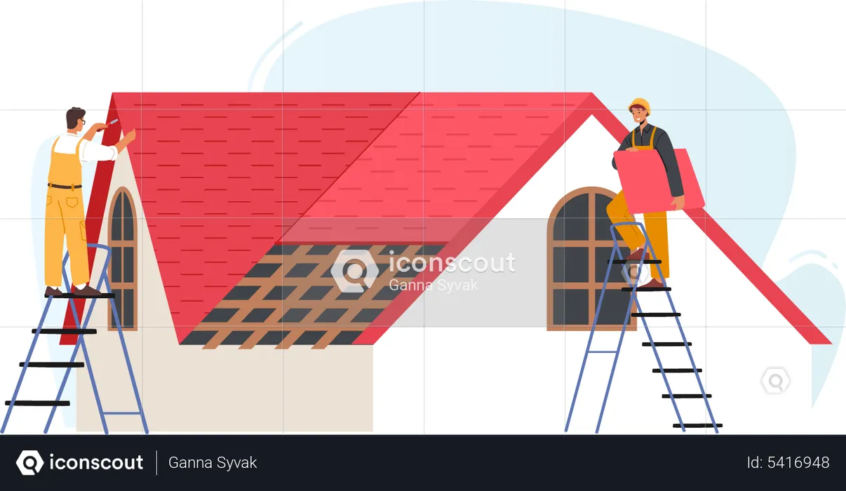 Trabajadores de techado aplicando techo en la casa  Ilustración