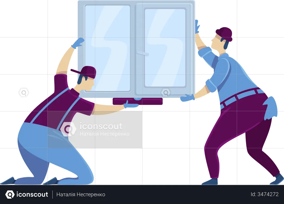 Trabajadores instalando ventana  Ilustración
