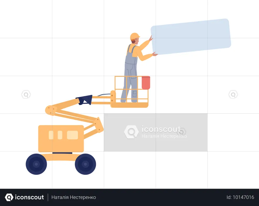 Trabalhador com painel em pé em elevador aéreo  Ilustração