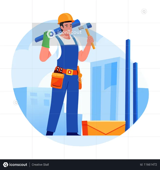 Trabalhador da construção civil com ferramentas  Ilustração