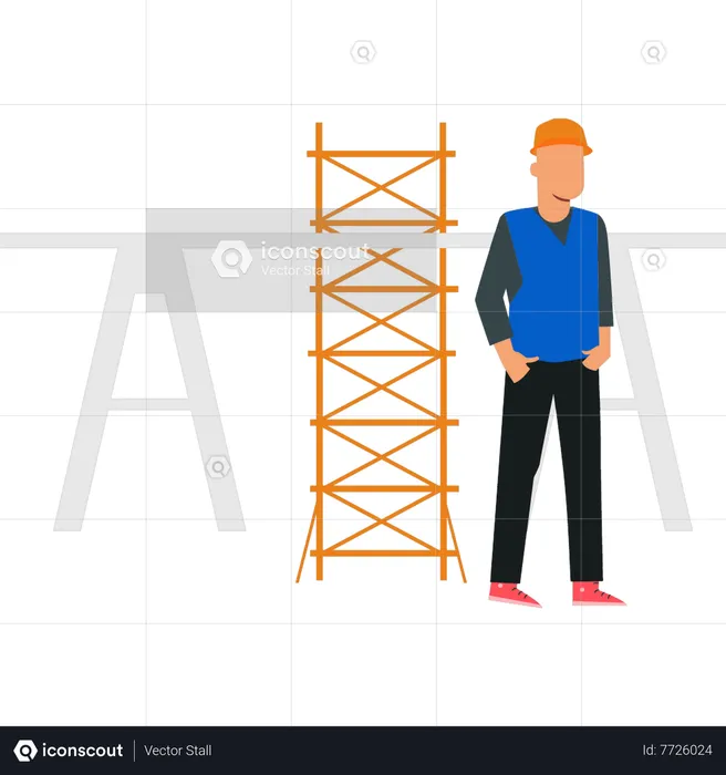 Trabalhador da construção civil em pé no canteiro de obras  Ilustração