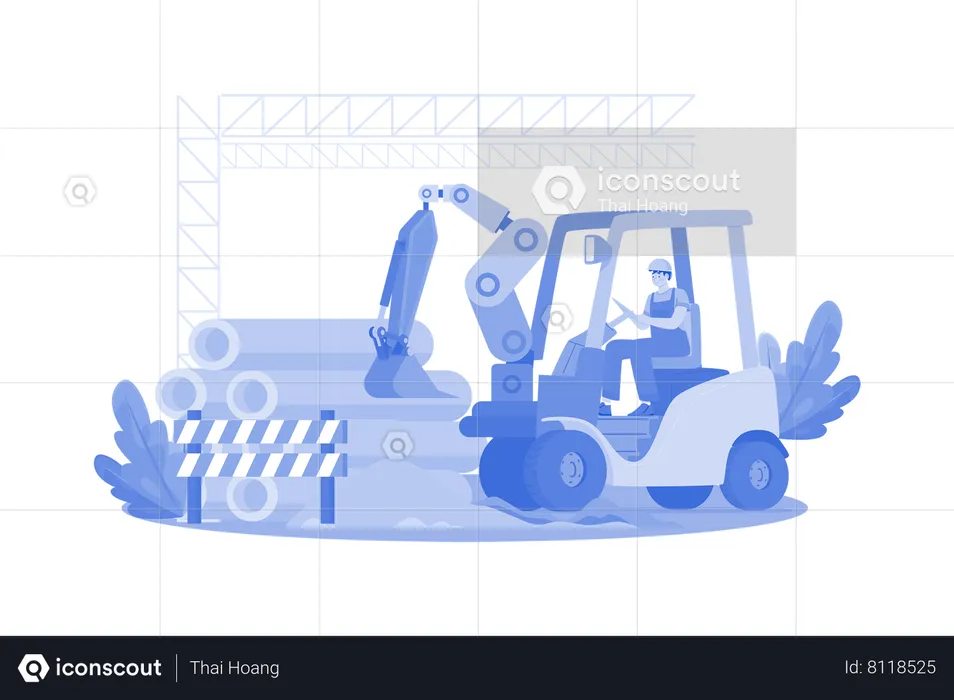 Trabalhador da construção civil limpa local com maquinaria pesada  Ilustração