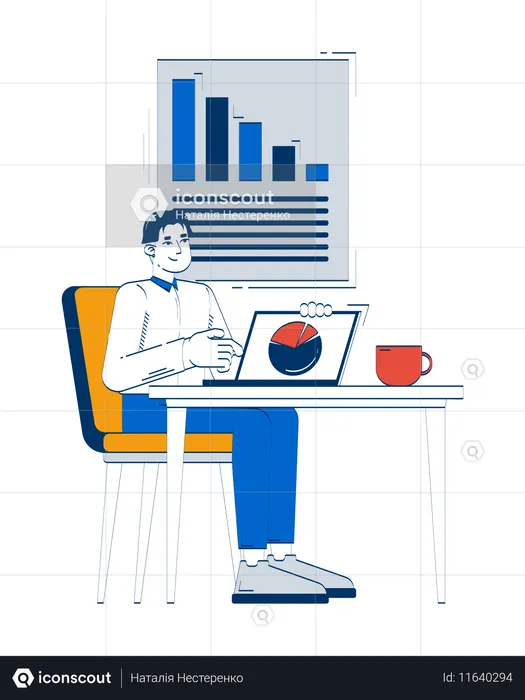 Trabalhador de escritório coreano analisando gráficos no laptop na mesa  Ilustração