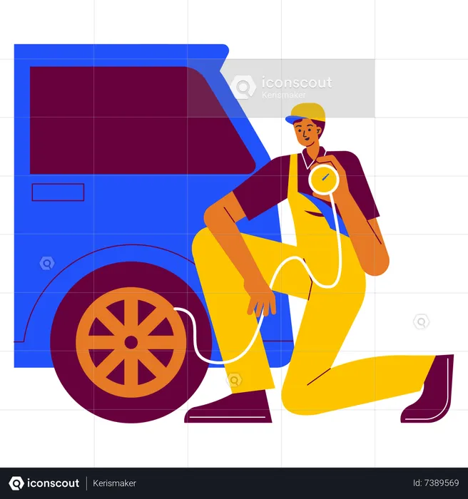 Trabalhador de garagem verificando a pressão dos pneus  Ilustração