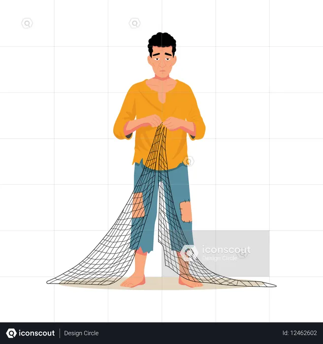 Trabalhador de reparo de redes de pesca  Ilustração