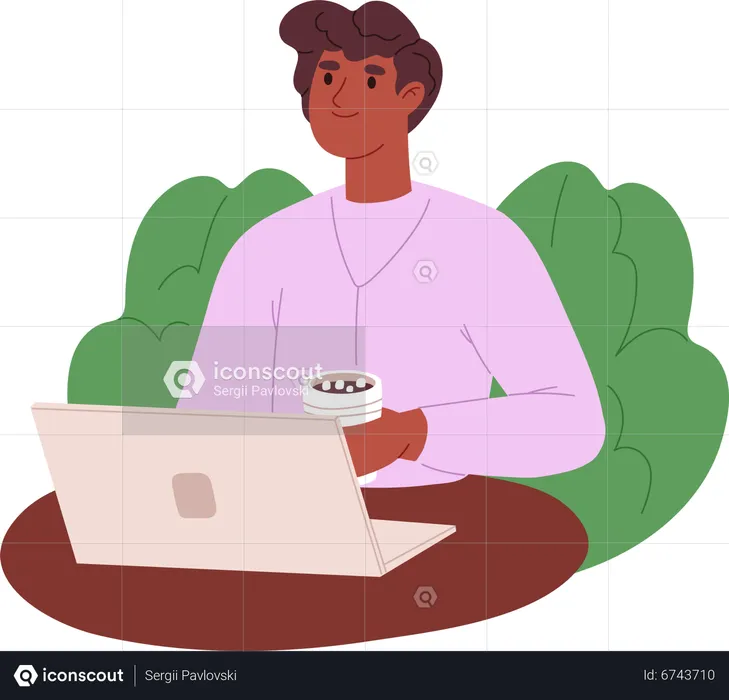 Homem trabalhador remoto sentado no laptop tomando café  Ilustração