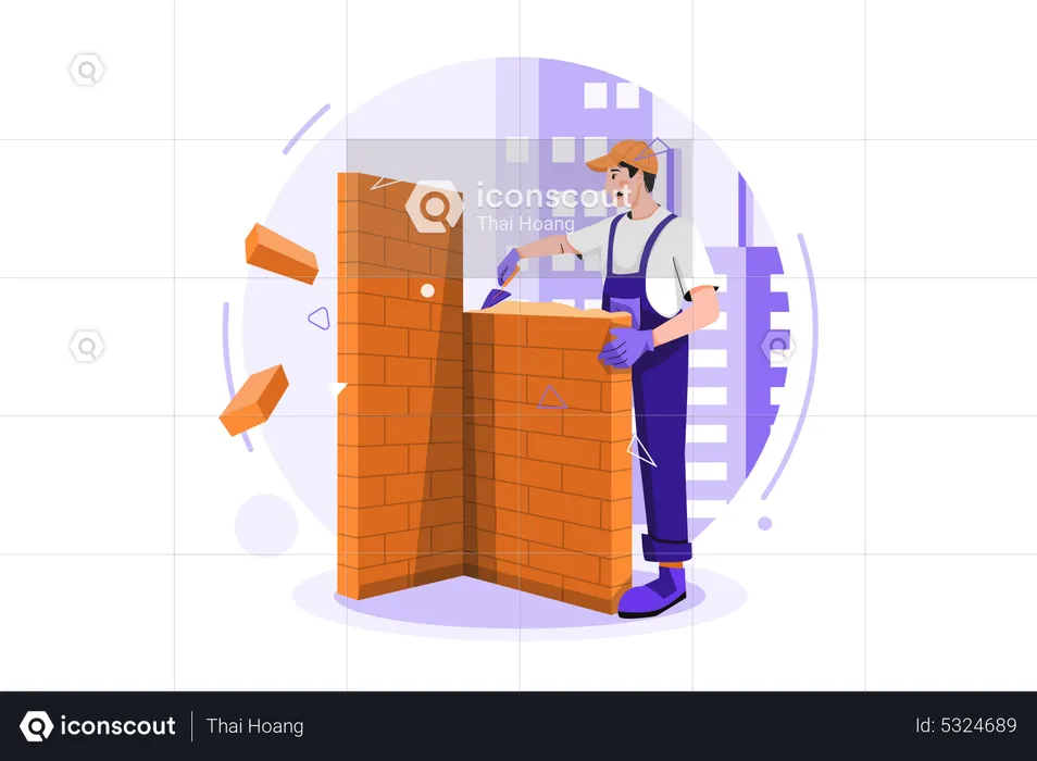 Trabalhadores da construção civil construindo o muro  Ilustração