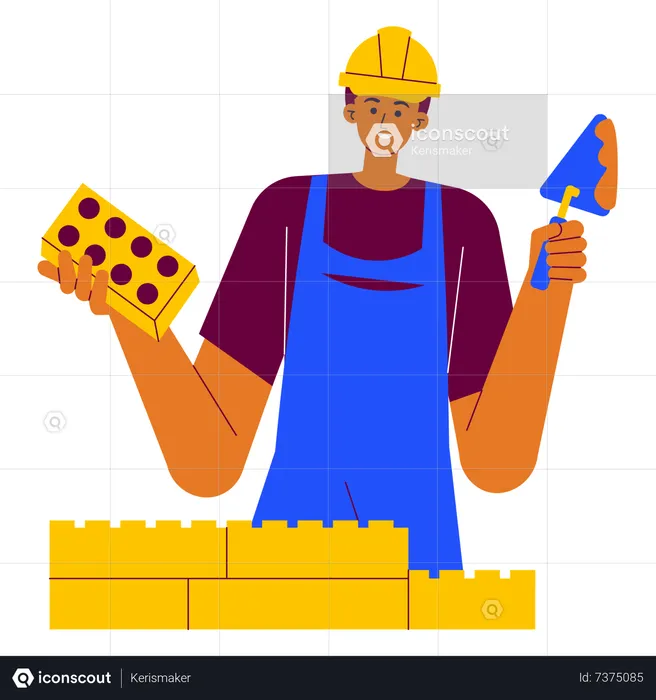 Trabalhadores da construção civil construindo o muro  Ilustração