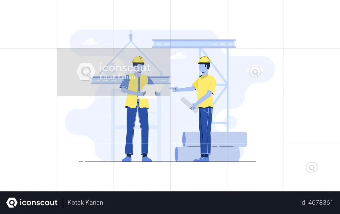 Trabalhadores da construção civil trabalhando no local  Ilustração