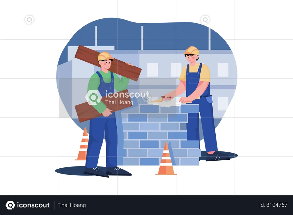 Trabalhadores da construção civil trabalhando no projeto  Ilustração