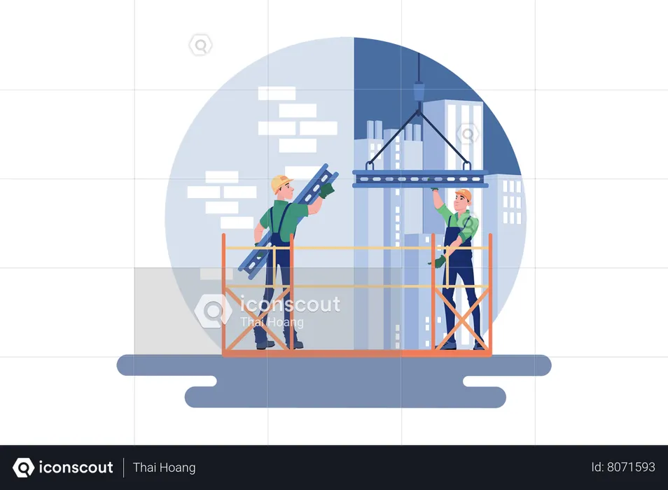 Trabalhadores da construção civil trabalhando no canteiro de obras  Ilustração