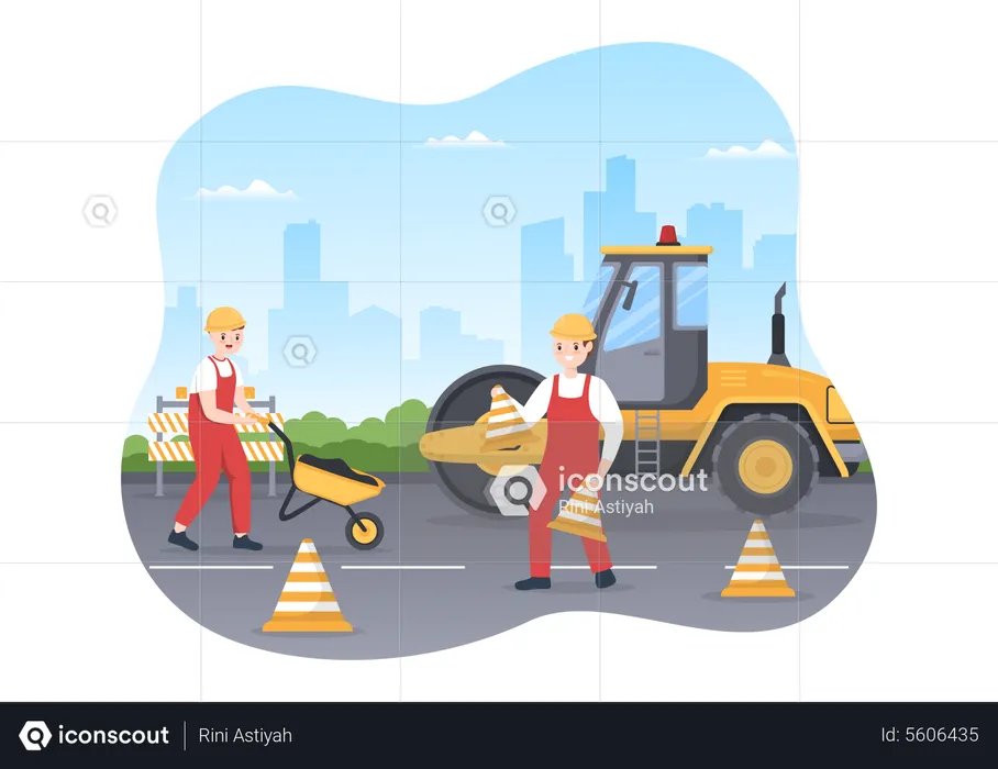 Trabalhadores fazendo construção de estradas  Ilustração