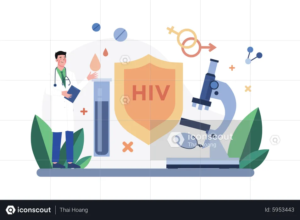 Trabalhadores médicos com tubos de teste de HIV e pesquisando sangue para AIDS  Ilustração