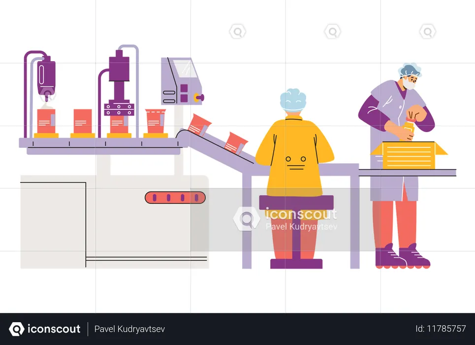 Trabalhadores trabalhando com linha transportadora móvel com garrafas  Ilustração