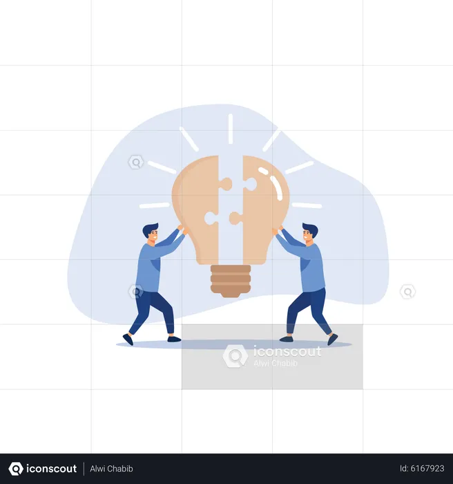 Trabalho em equipe ou parceria para o sucesso empresarial, inovação ou criatividade para resolver problemas, debater ou conectar o conceito de ideia, o parceiro dos membros da equipe do empresário conecta o quebra-cabeça da lâmpada juntos.  Ilustração