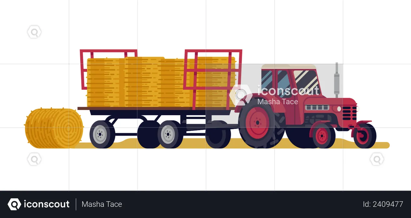Tracteur rouge tirant une remorque articulée chargée de balles de foin rondes  Illustration