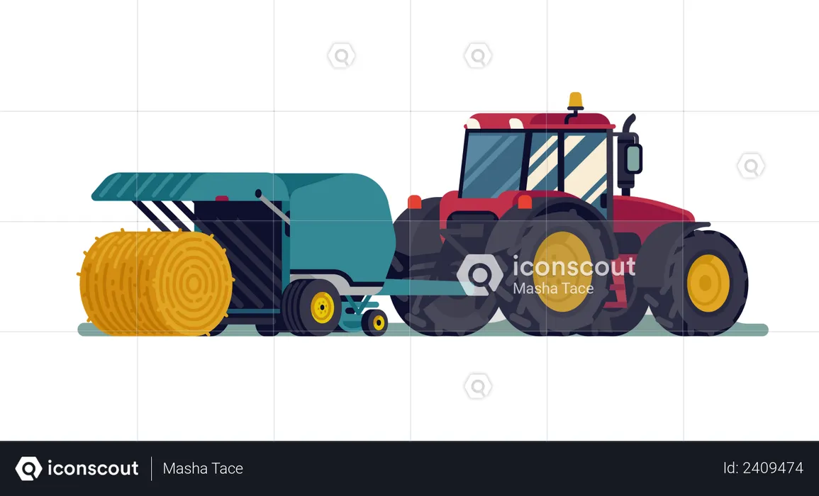 Tractor pulling round baler with hay bale rolling out  Illustration