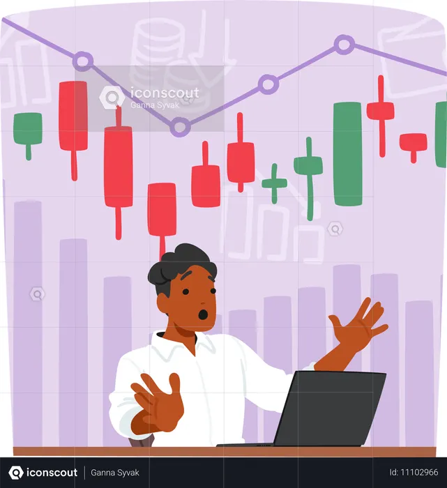 Un commerçant anxieux effectue une analyse boursière  Illustration