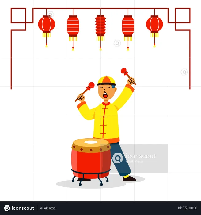 Traditional chinese musicians playing drum  Illustration