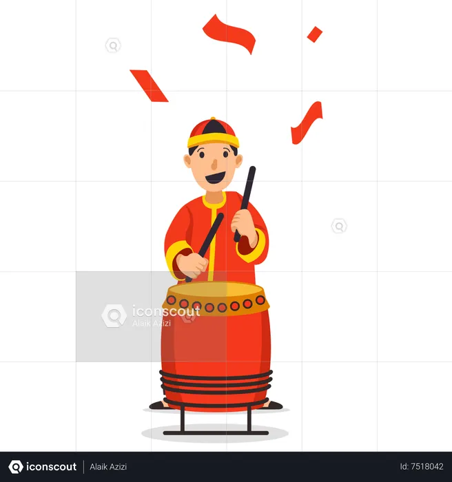 Traditional chinese musicians playing instrument for dragon dance performance  Illustration